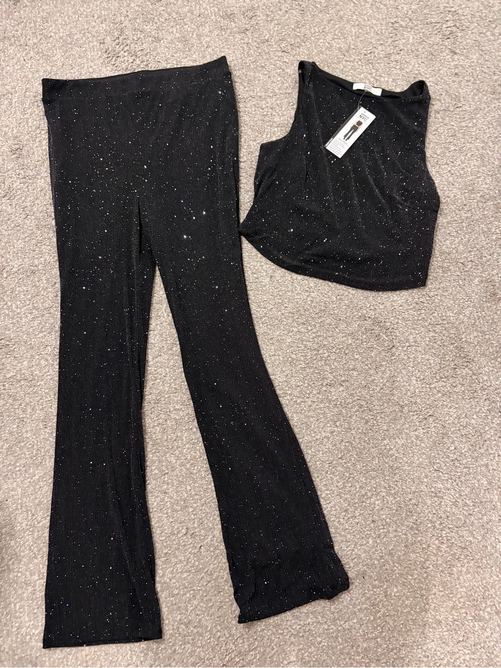 Women's Black Sparkle Ribbed Jumpsuit Separates - Top & Flare Pants